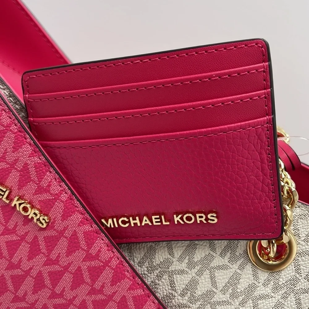 MICHAEL KORS Large Pebbled Leather Card Holder Case Electric Pink  NWT